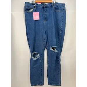 NWT FAE London Med Wash Hi‎ Rise Straight Ripped Jeans Woman Size UK24 US20